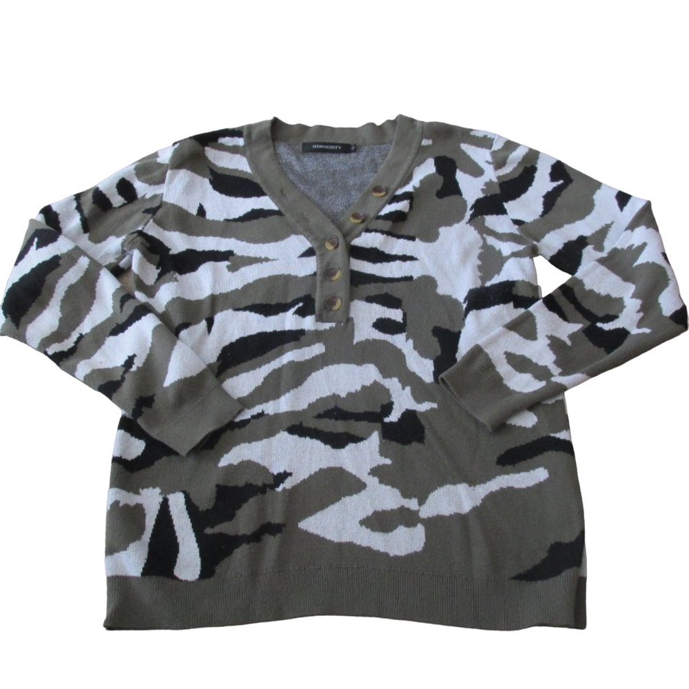 Merokeety Camouflage Pullover Sweater Womens L Green Long Sleeve‎ V Neck Shirt